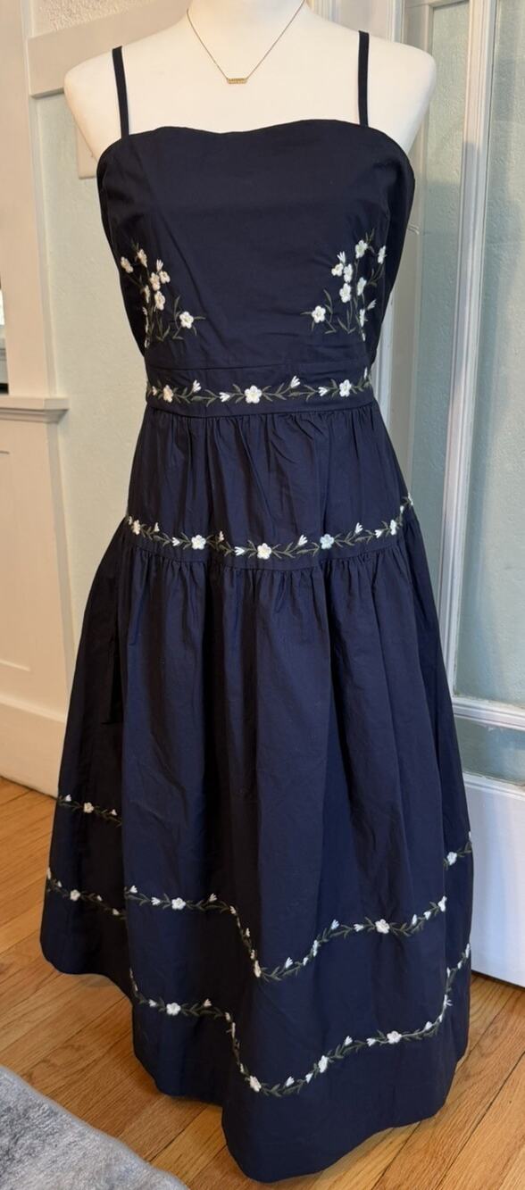 Free Assembly Cotton Midi Dress Navy Blue Floral Embroidered Size XL, pockets
